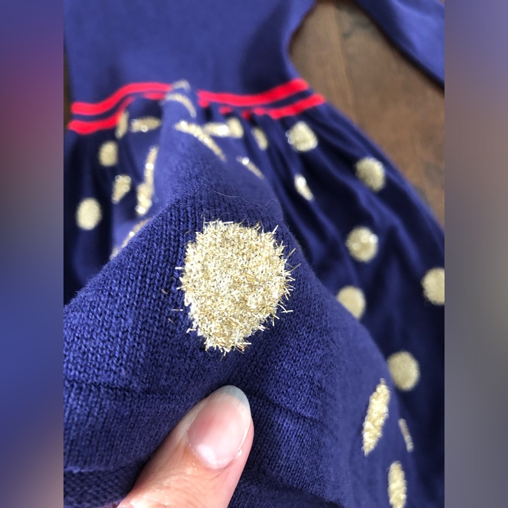 Mini Boden Girls 9-10Y Navy/Red Long-Sleeved Ribbed Dress w/Gold Polka Dot Skirt - Picture 11 of 12